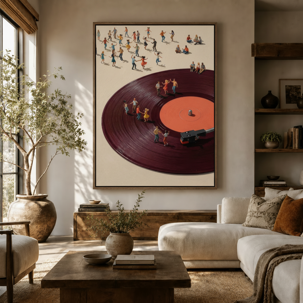 Large dancing figures vinyl record canvas displayed above cream sofa in sun-filled boho farmhouse living room