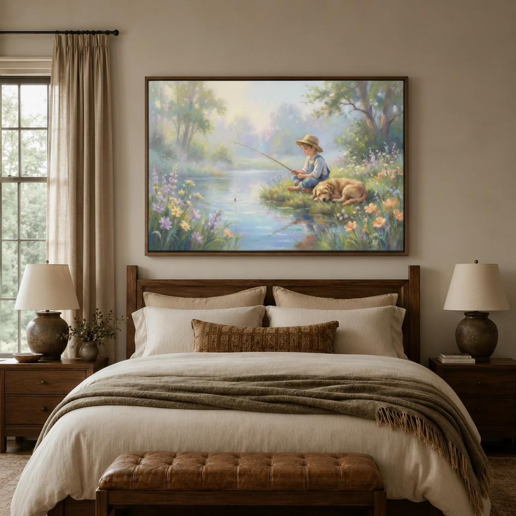 Nostalgic boy fishing with golden dog pastoral canvas wall art in walnut float frame above bedroom headboard