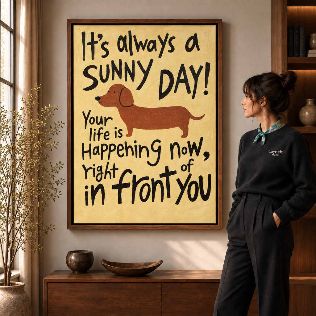 Walnut framed dachshund quote canvas displayed in a warm sunlit living room