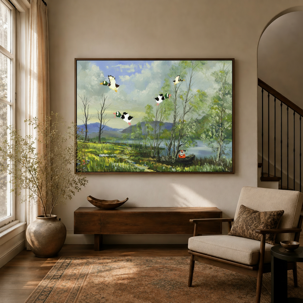  Spring lakeside oil painting canvas art in dark walnut float frame hung above entryway console