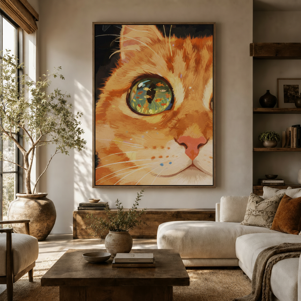 Orange tabby cat eye aquarium reflection canvas print above white sofa in bright neutral living room