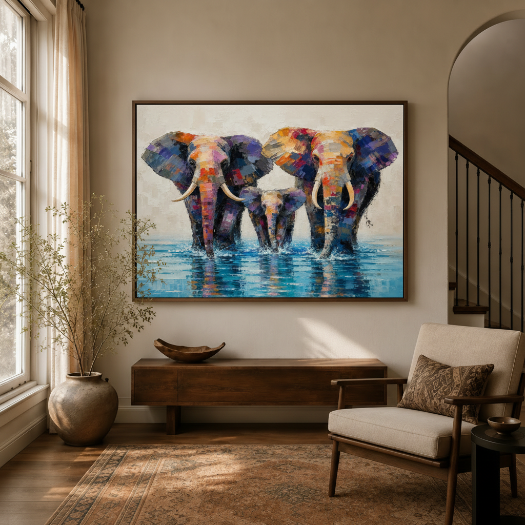 Colorful abstract elephant family canvas print in a sunlit modern living room with wooden accents.