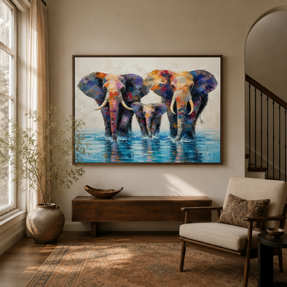 Colorful abstract elephant family canvas print in a sunlit modern living room with wooden accents.