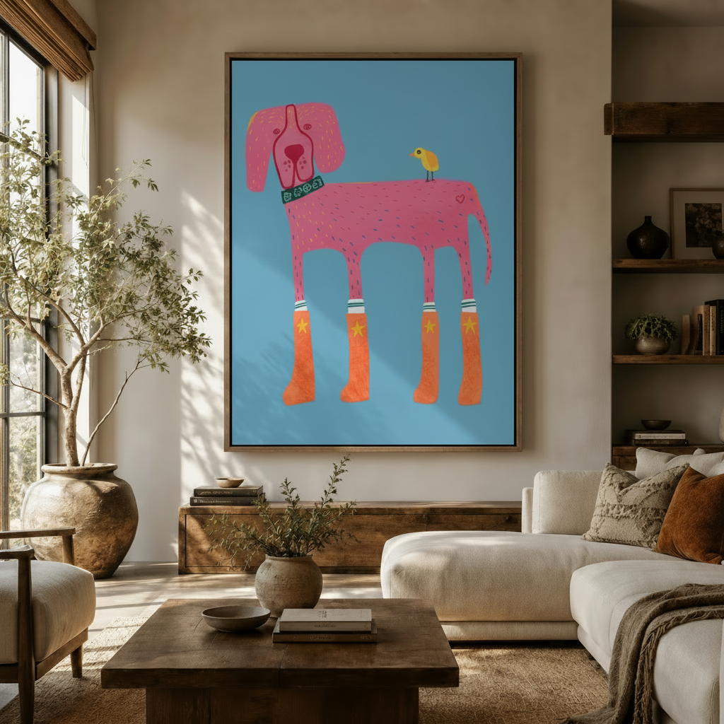 Whimsical pink dog folk art canvas wall art displayed in a modern living room above a wooden sideboard