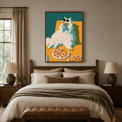 Cool cat in sunglasses eating pizza pop art canvas wall art displayed above bed in cozy bedroom