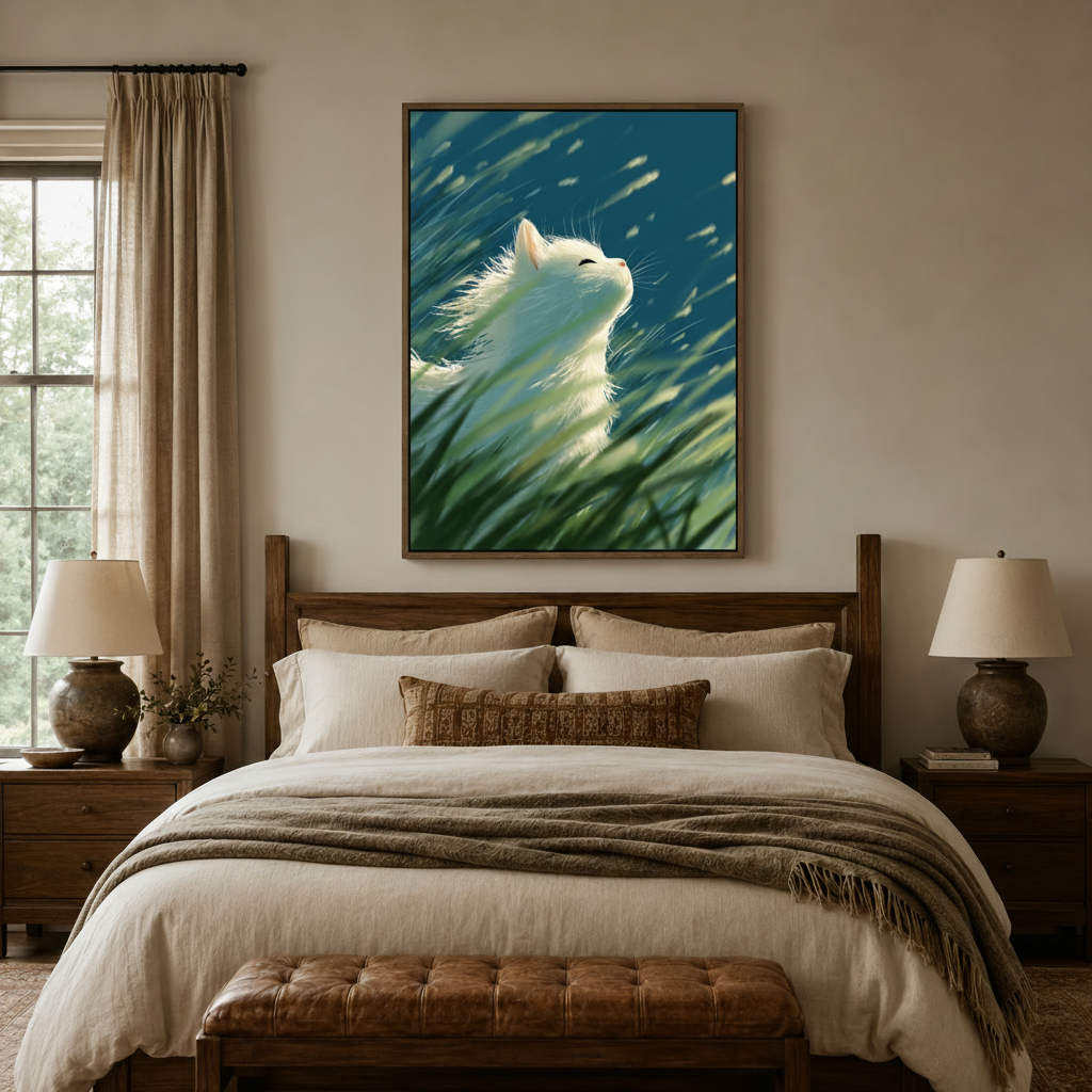 White cat tilting head upward in teal grass breeze canvas wall art displayed above bed in cozy bedroom