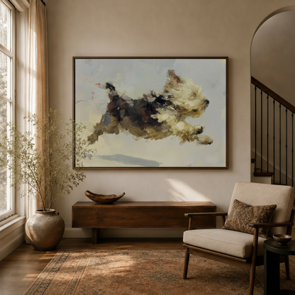 Impressionist running dog canvas in dark walnut float frame displayed in warm entryway with dried branch vase