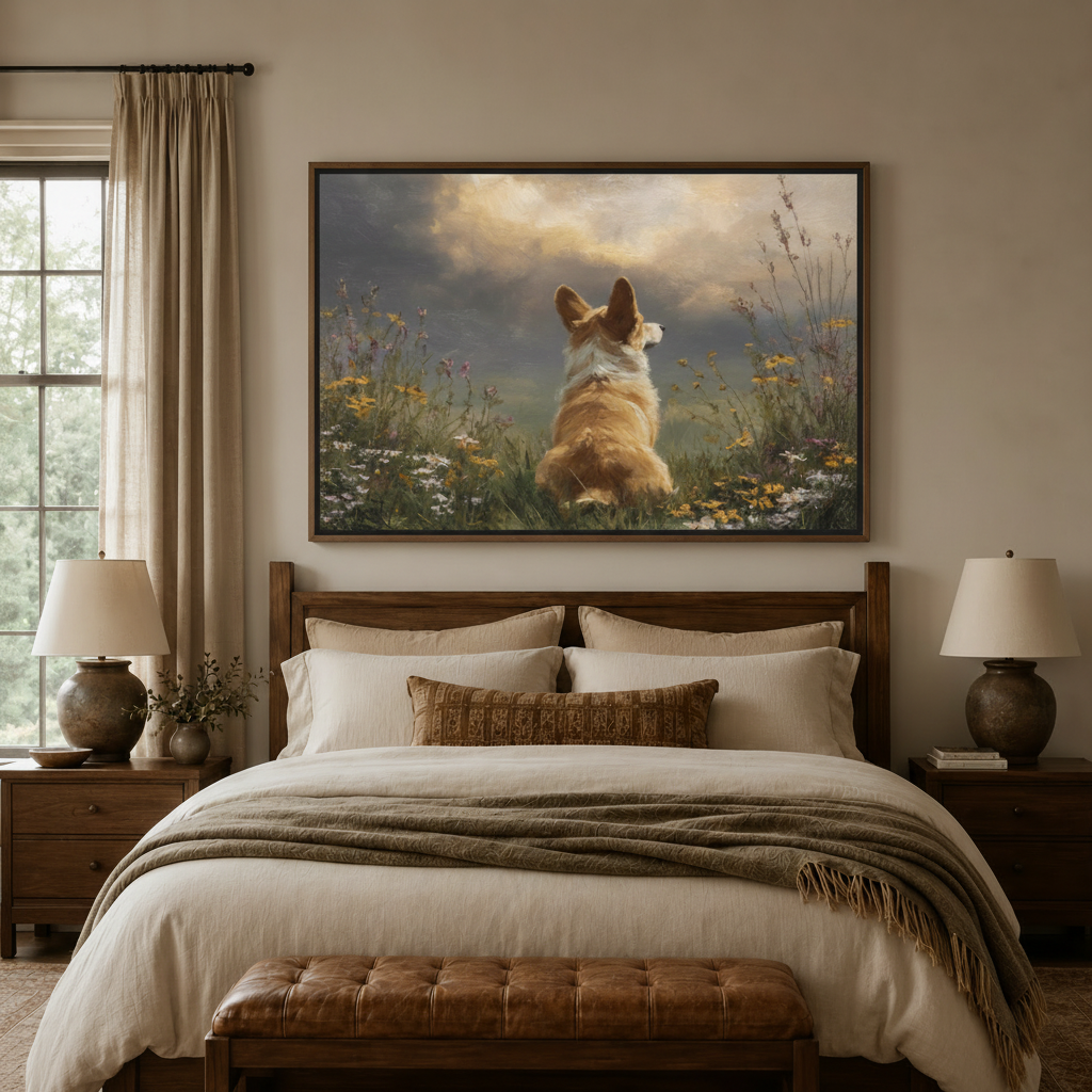Corgi in wildflower field classical canvas wall art displayed above cozy farmhouse bedroom headboard