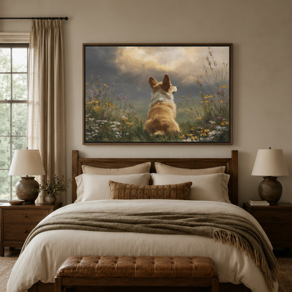 Corgi in wildflower field classical canvas wall art displayed above cozy farmhouse bedroom headboard