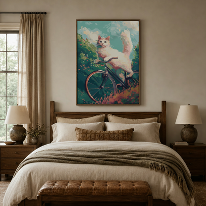 Whimsical white cat on bicycle canvas wall art hung above bed in warm neutral bedroom with walnut headboard