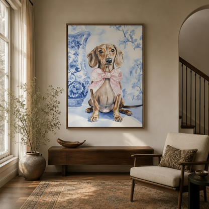 Dachshund pink bow chinoiserie watercolor canvas wall art in dark walnut float frame above entryway console with dried branches