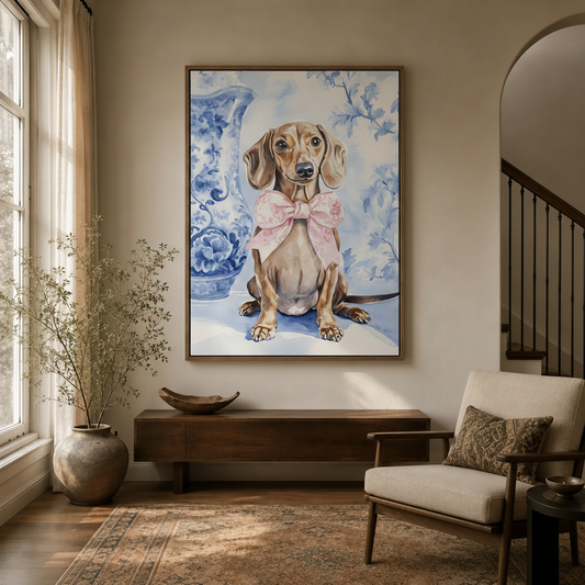 Dachshund pink bow chinoiserie watercolor canvas wall art in dark walnut float frame above entryway console with dried branches