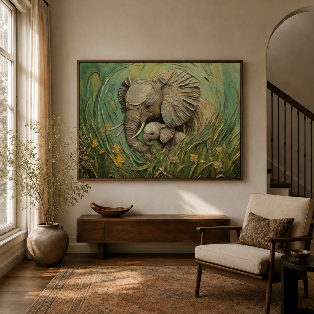 Impasto elephant canvas wall art displayed above a console table in a warm entryway hallway