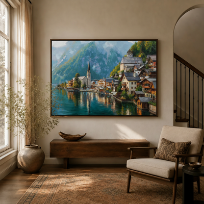 Hallstatt impressionist canvas wall art in dark walnut float frame above entryway console table
