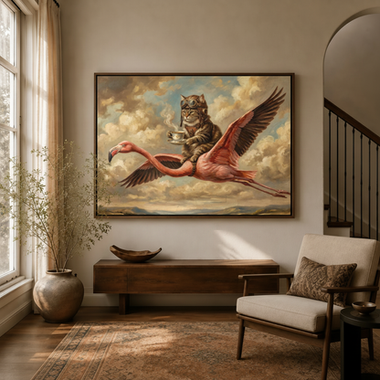 Surreal cat riding flamingo oil painting canvas in dark float frame above console in warm modern entryway