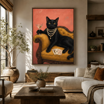 Black cat oil painting in float frame displayed above wooden sideboard in neutral living room