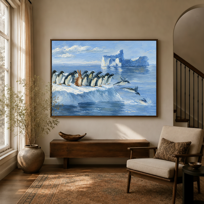 Penguin iceberg canvas wall art framed above a wooden console in a sunlit living room