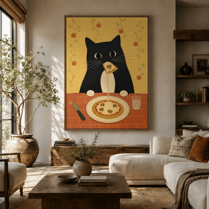 Funny cat pizza folk art canvas print displayed in a cozy neutral living room
