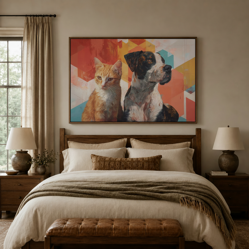 Cat and dog portrait modern canvas wall art in dark walnut float frame, cozy bedroom scene