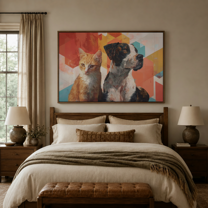 Cat and dog portrait modern canvas wall art in dark walnut float frame, cozy bedroom scene