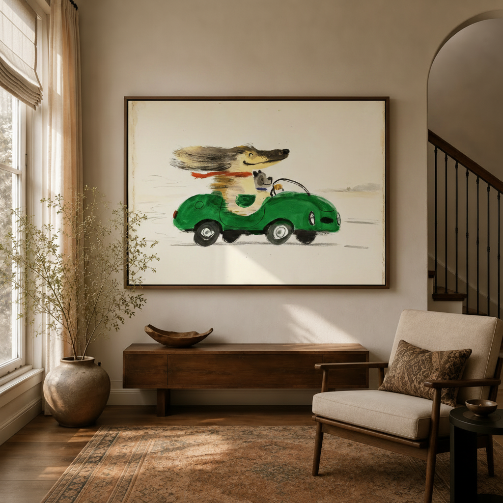 Vintage dog driving car illustration canvas in dark walnut float frame above console in warm entryway
