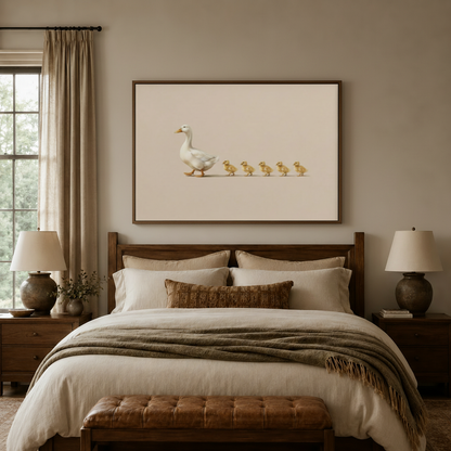 Goose leading ducklings minimalist canvas wall art displayed above cozy neutral bedroom headboard