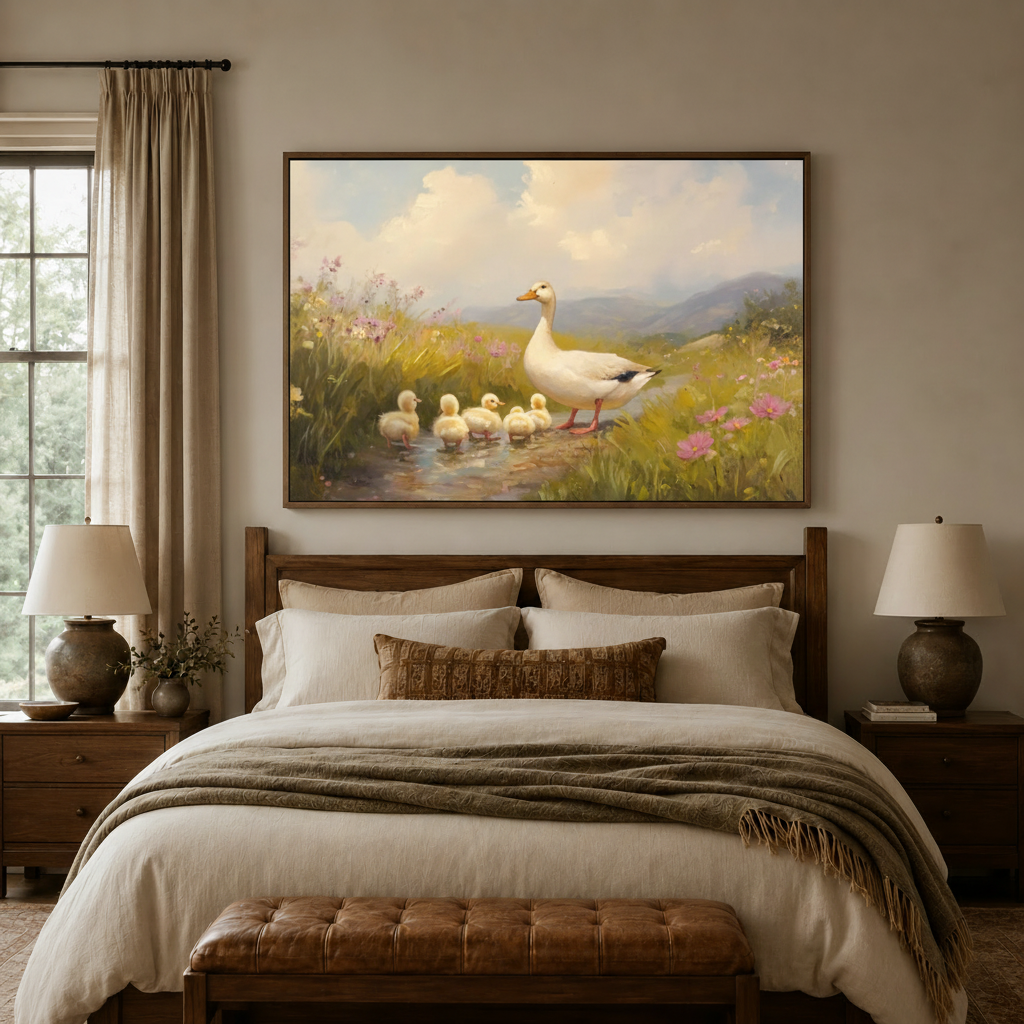 Goose and ducklings wildflower stream classical canvas wall art above cozy neutral bedroom headboard