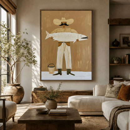 Cowboy fisherman folk art canvas wall art displayed in a warm boho living room