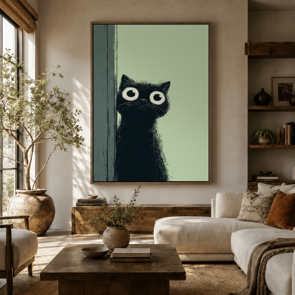 Minimalist black cat peeking illustration canvas print above white sofa in neutral living room