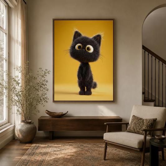 Playful black kitten big eyes canvas wall art hanging in a warm boho living room above a wooden console