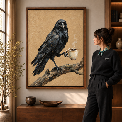 Wood-framed raven with coffee canvas wall art beside a woman in a dark outfit near a window.