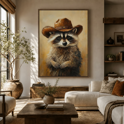 Cowboy raccoon oil painting canvas print displayed above a walnut sideboard in a warm modern living room