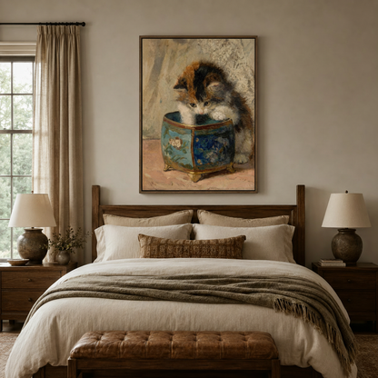 Fluffy calico kitten blue enamel jewelry box Victorian classical canvas in walnut float frame above cozy bedroom