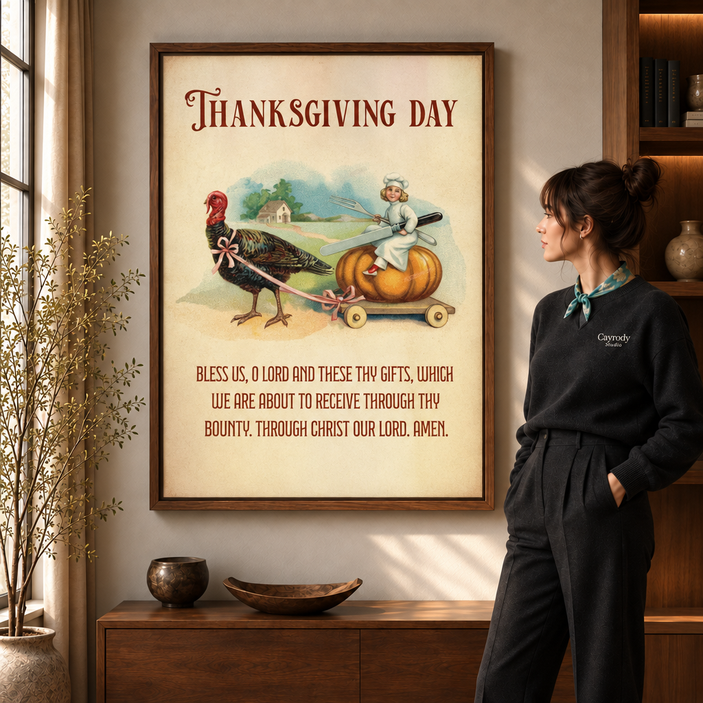 Vintage Thanksgiving wall art in a walnut floating frame above a wood console, viewed by a woman in black