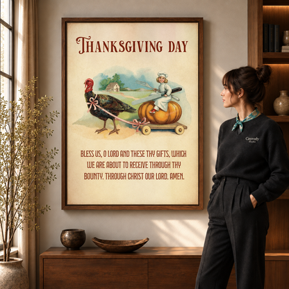 Vintage Thanksgiving wall art in a walnut floating frame above a wood console, viewed by a woman in black