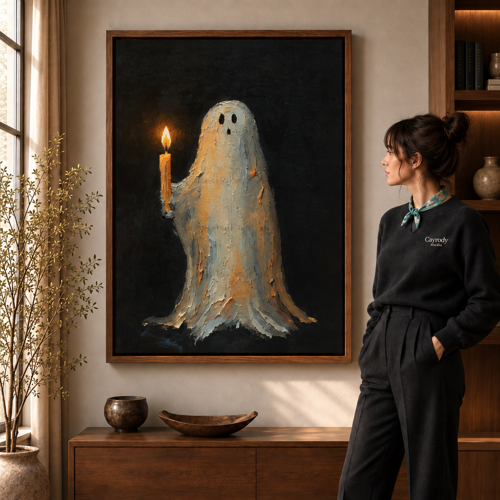 Vintage ghost candle canvas displayed unframed in a warm modern living room.
