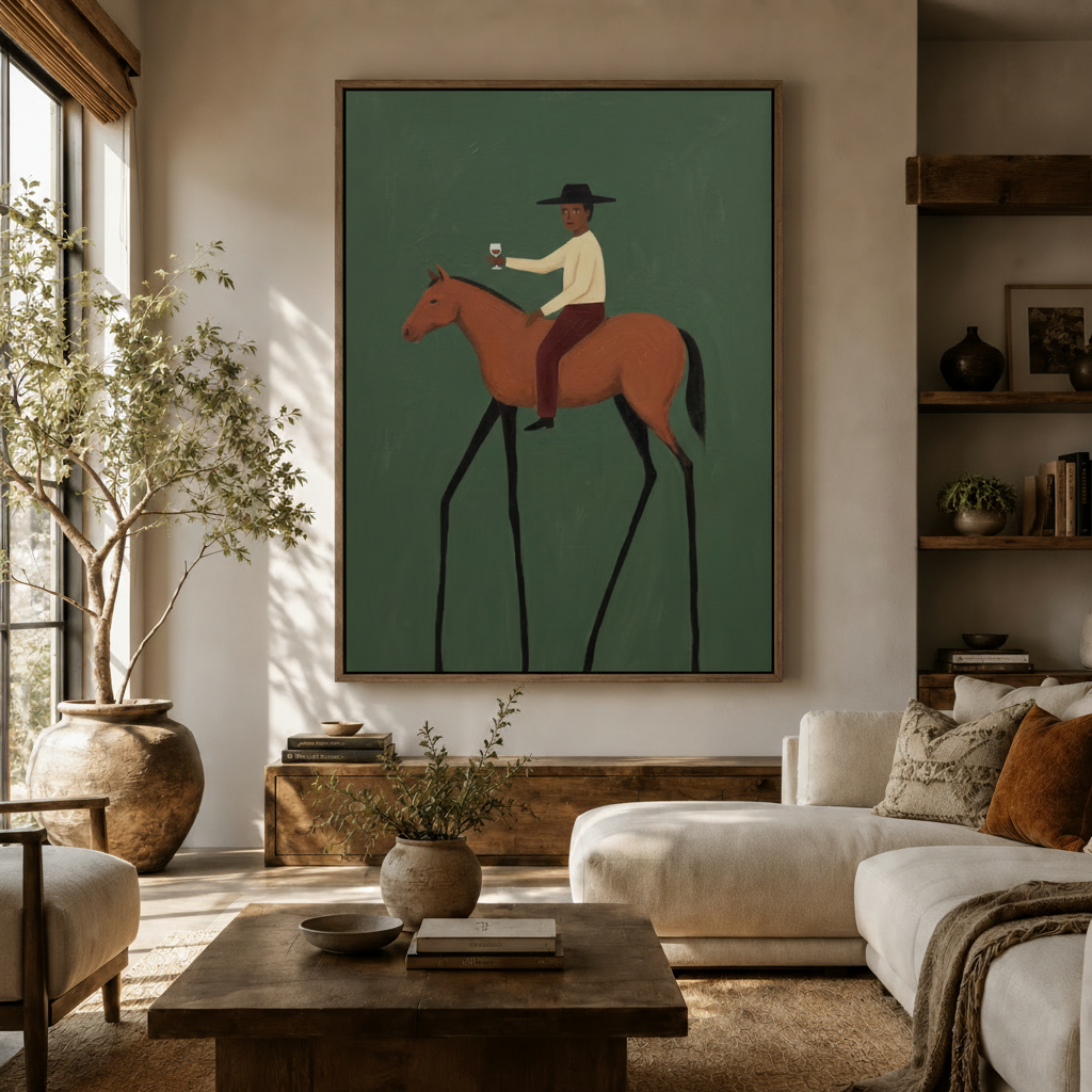 Folk art cowboy on horseback canvas print displayed above a cream sofa in a warm modern living room