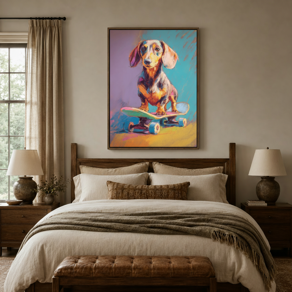Bold pop art dachshund on skateboard canvas in walnut float frame above cozy bedroom headboard