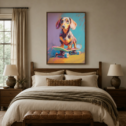 Bold pop art dachshund on skateboard canvas in walnut float frame above cozy bedroom headboard