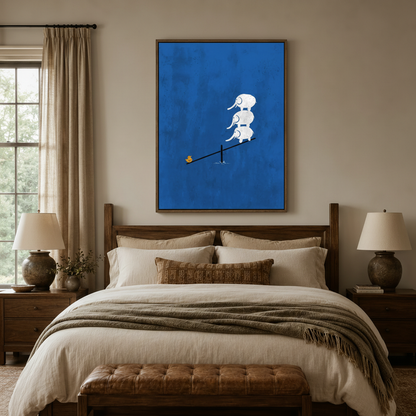 Whimsical elephant seesaw canvas wall art in walnut float frame displayed above bed in cozy bedroom