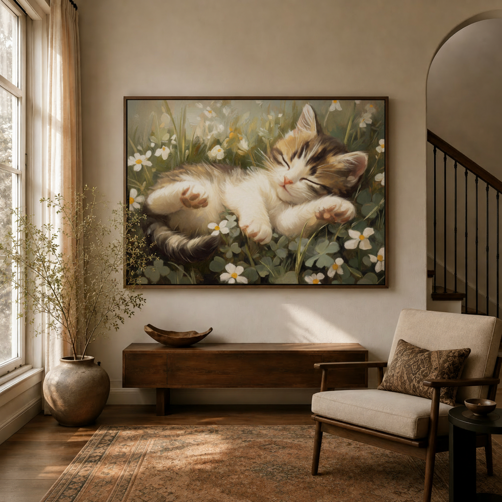 Sleeping kitten floral canvas wall art displayed in a warm, sunlit entryway.