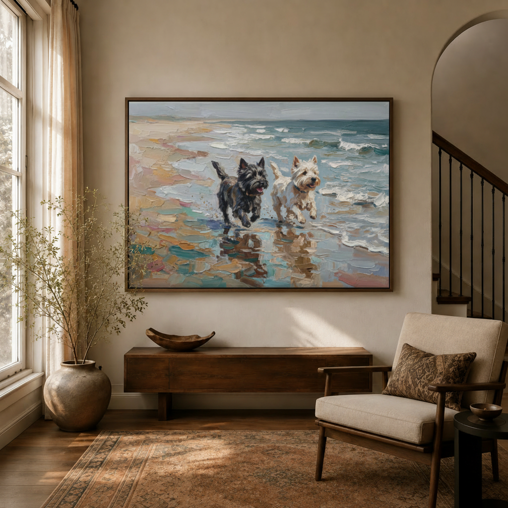 Beach dogs impasto oil painting canvas in float frame displayed in warm living room entryway