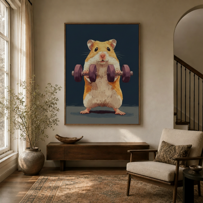 Funny hamster dumbbell canvas print displayed in bright entryway beside dried branch floor vase