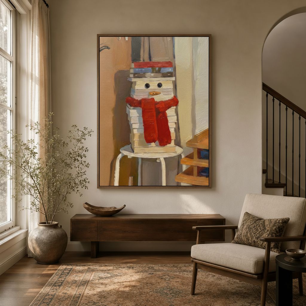 Whimsical book snowman canvas wall art displayed in a modern entryway above a walnut console table