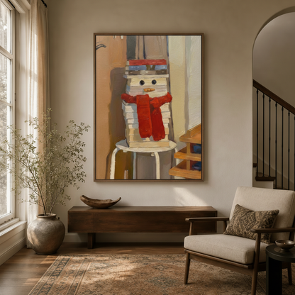 Whimsical book snowman canvas wall art displayed in a modern entryway above a walnut console table