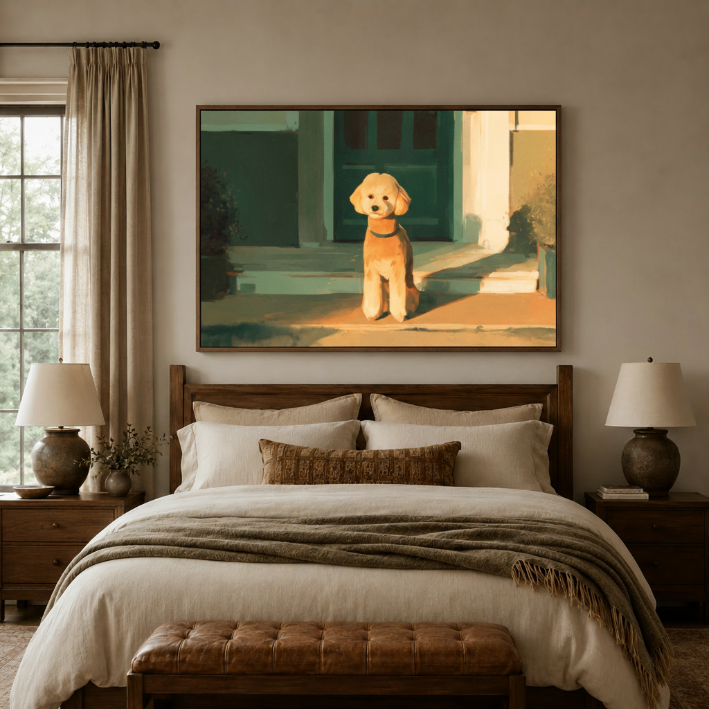 Golden poodle puppy canvas wall art displayed above cozy bedroom headboard in warm light