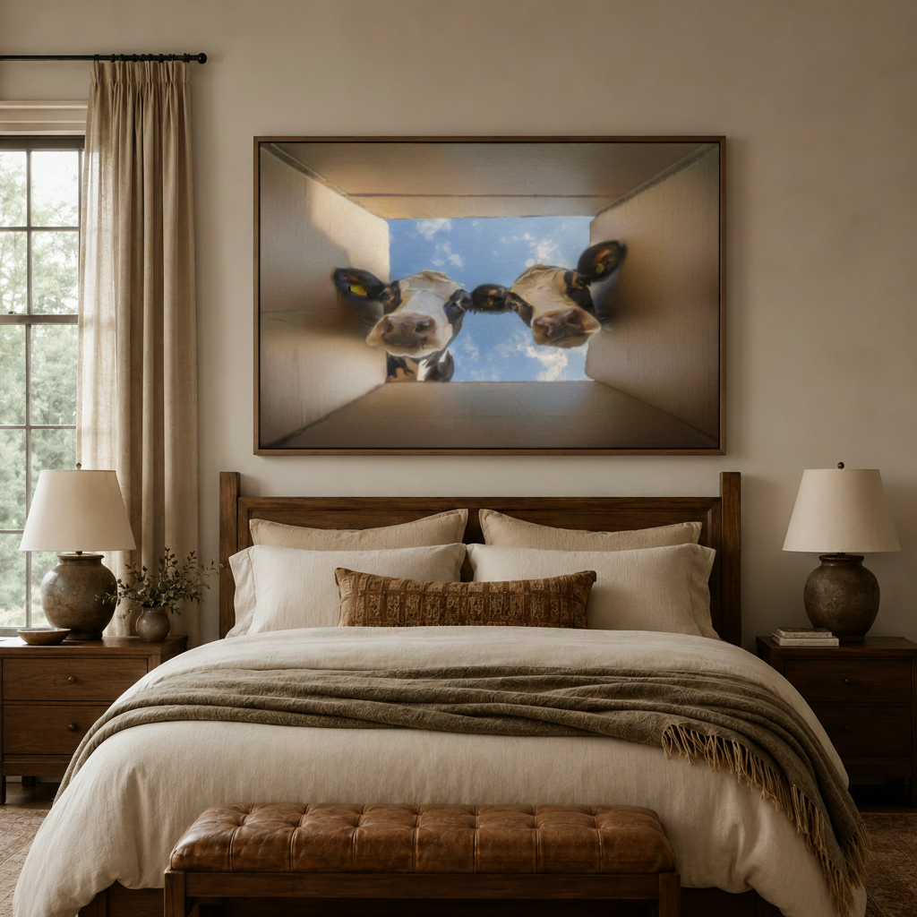 Funny cow art print framed above bed in cozy farmhouse-style master bedroom