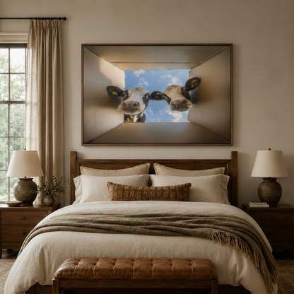 Funny cow art print framed above bed in cozy farmhouse-style master bedroom