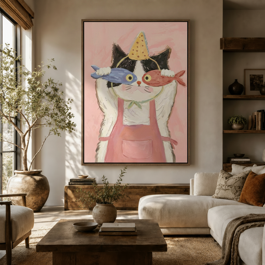 Whimsical party cat canvas print in walnut floater frame hanging in warm Japandi living room above sideboard