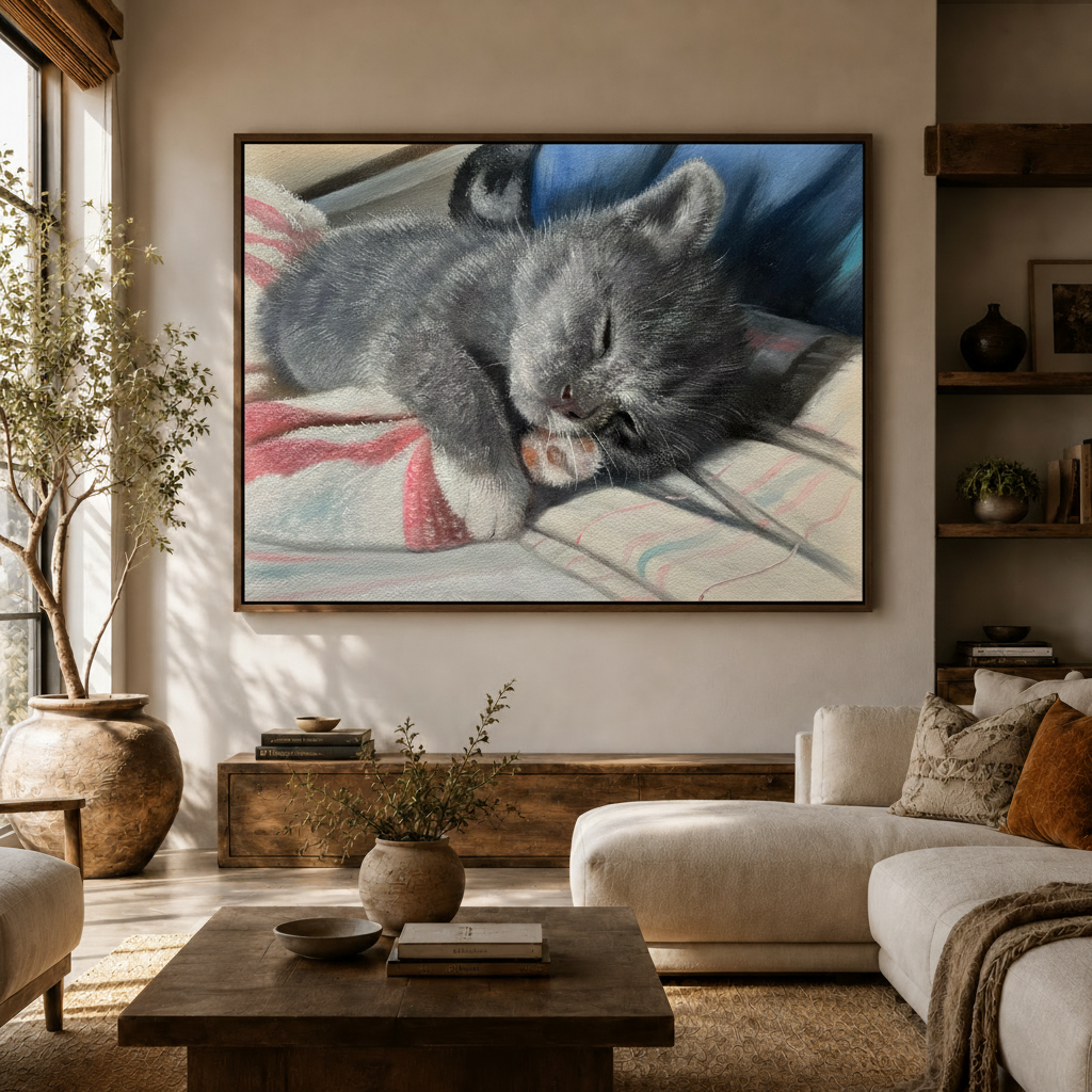 Sleeping grey kitten impressionist canvas wall art displayed in warm living room with olive tree